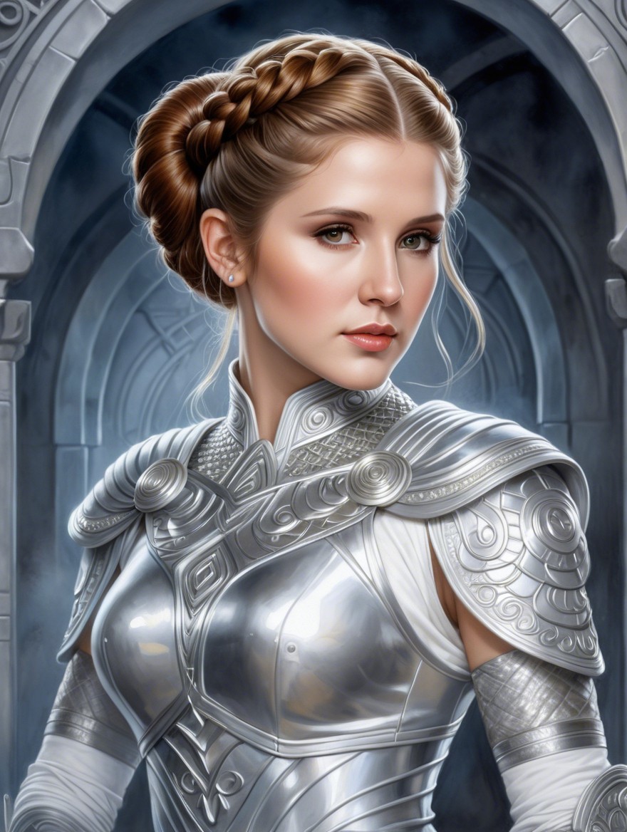 Regal Woman in Ornate Silver Armor in Gothic Setting