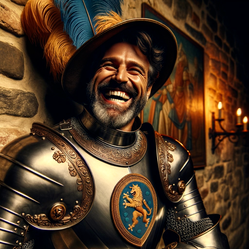 Cheerful knight in ornate armor by rustic stone wall