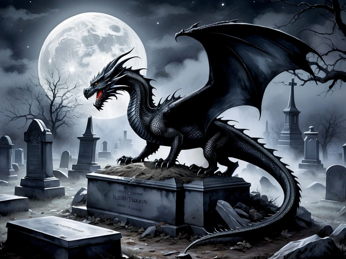 Black dragon on gravestone in eerie graveyard scene