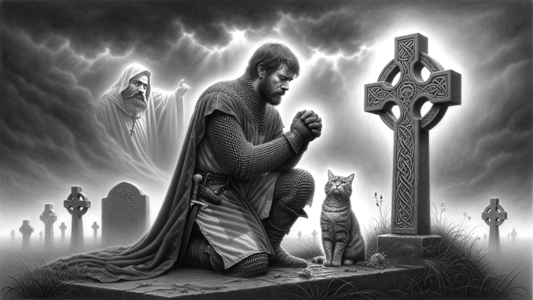 Knight in Armor Praying by Celtic Cross Grave