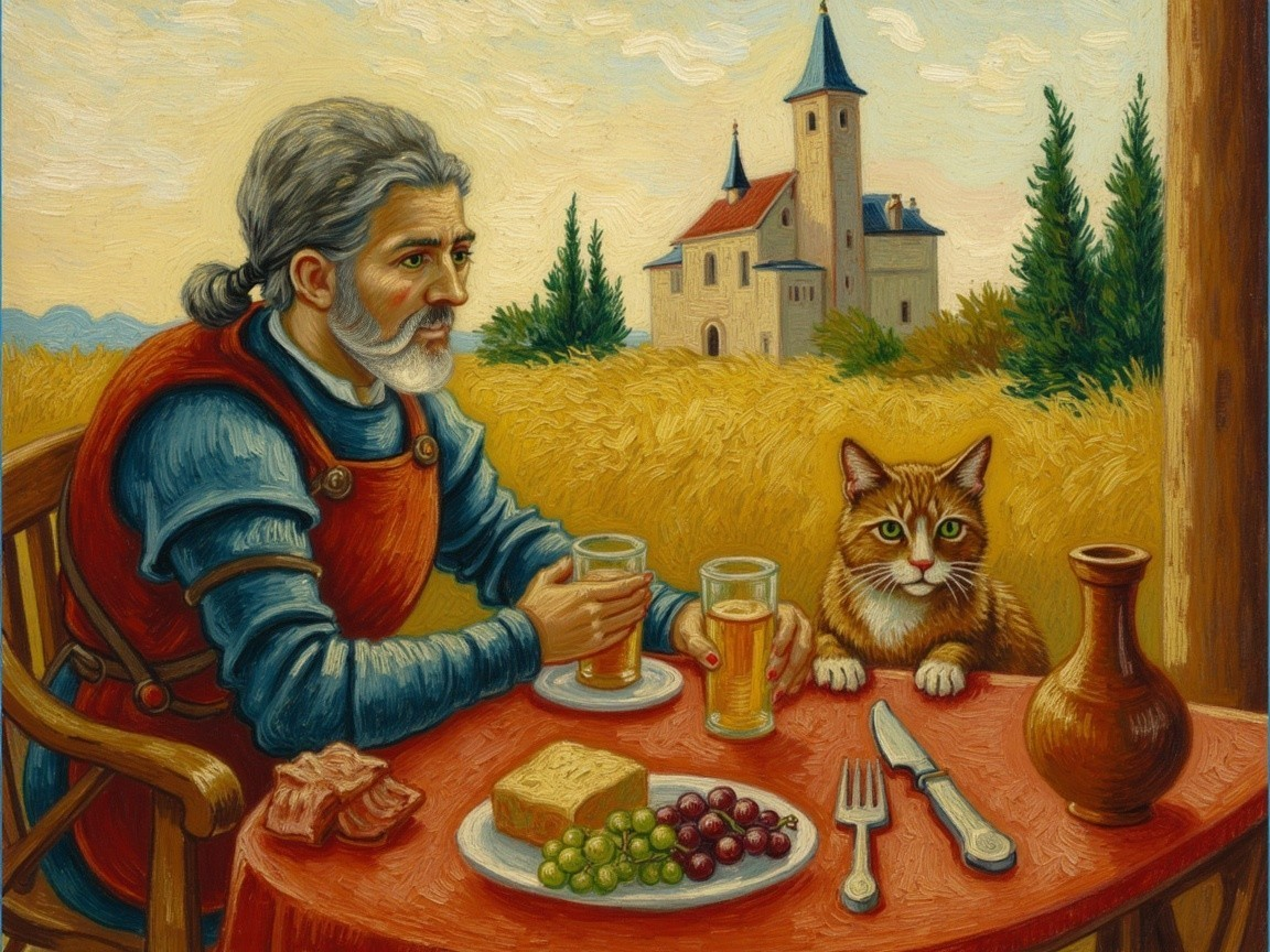 Knight at Rustic Table with Cat and Countryside View