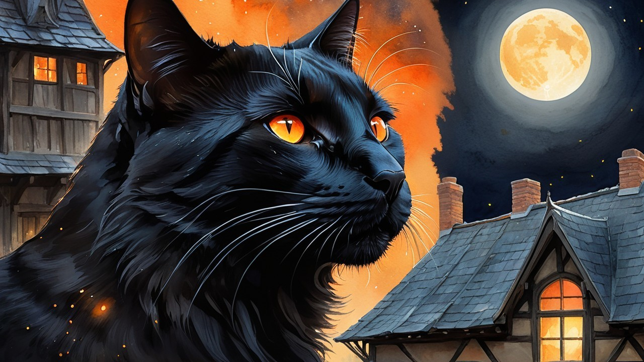 Black Cat with Orange Eyes Against Twilight Sky