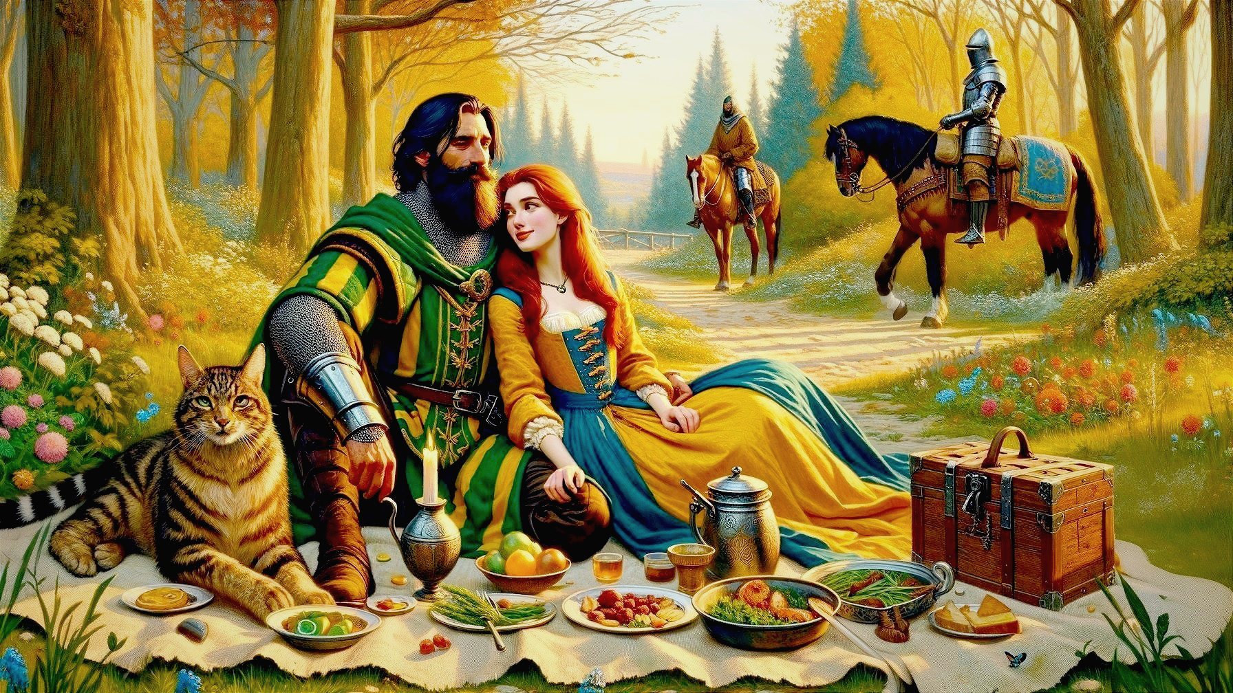 Knight and Woman Picnic in Vibrant Forest Scene