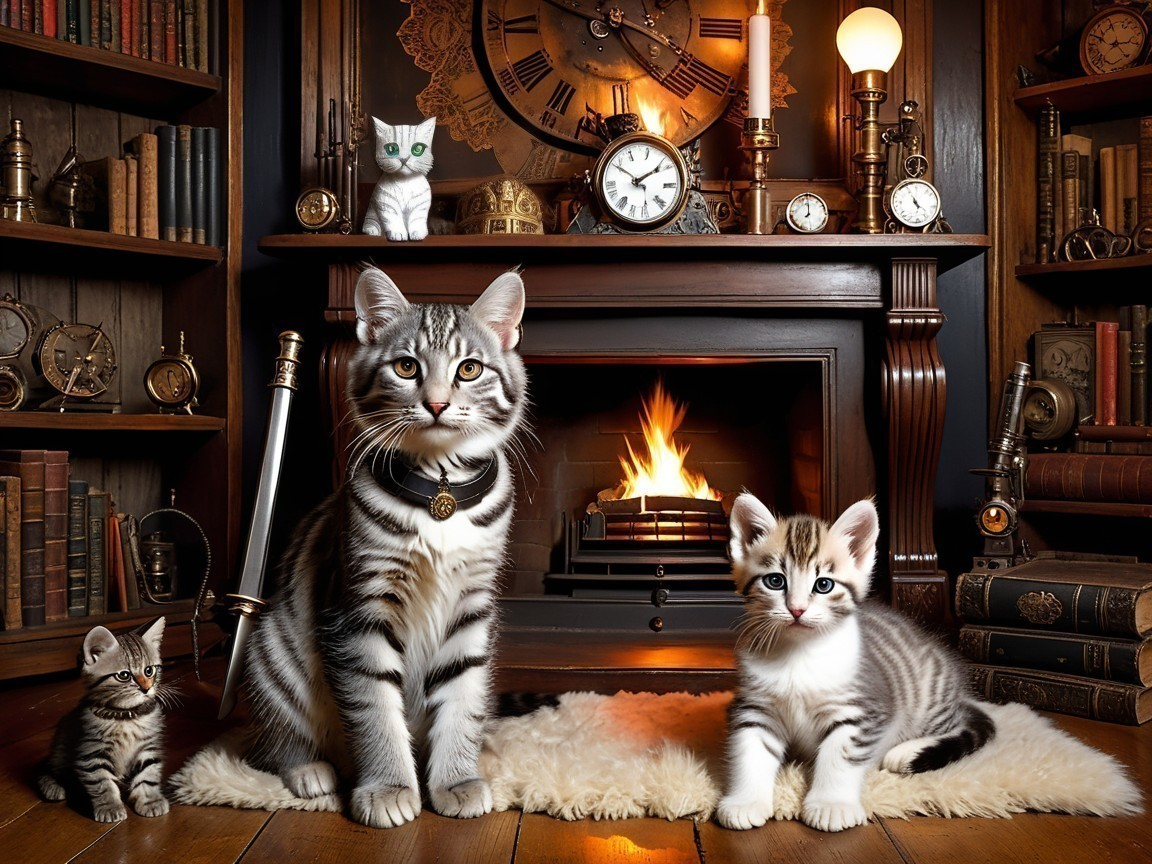 Cozy room with tabby cat, kittens, and fireplace
