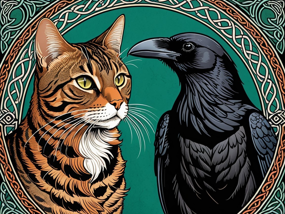 Bengal Cat and Crow Illustration with Celtic Patterns
