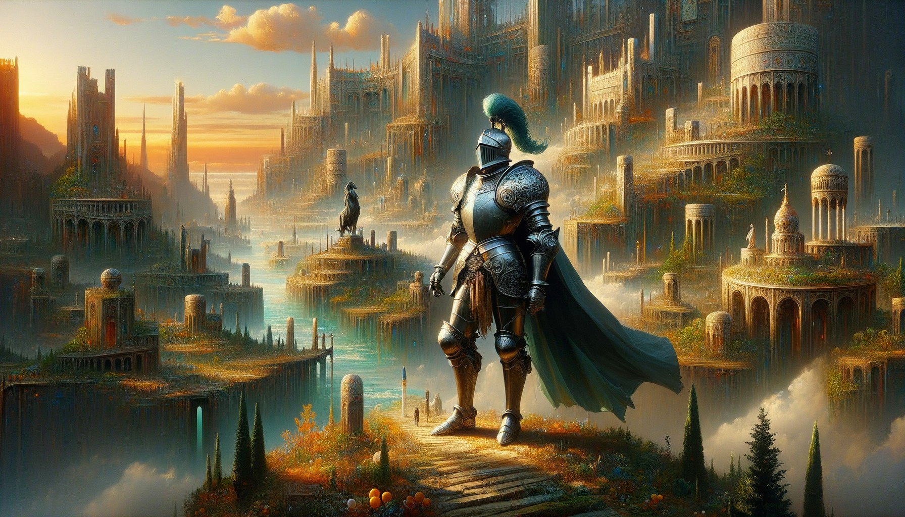 Knight Overlooking Enchanting Sunset Cityscape