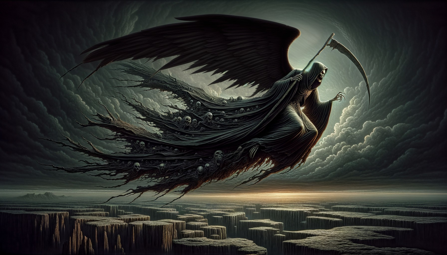 Ominous figure with wings over desolate, stormy landscape