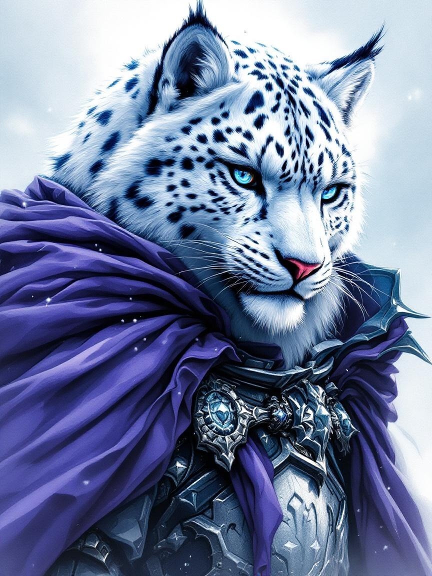 Majestic snow leopard in ornate armor and purple cloak