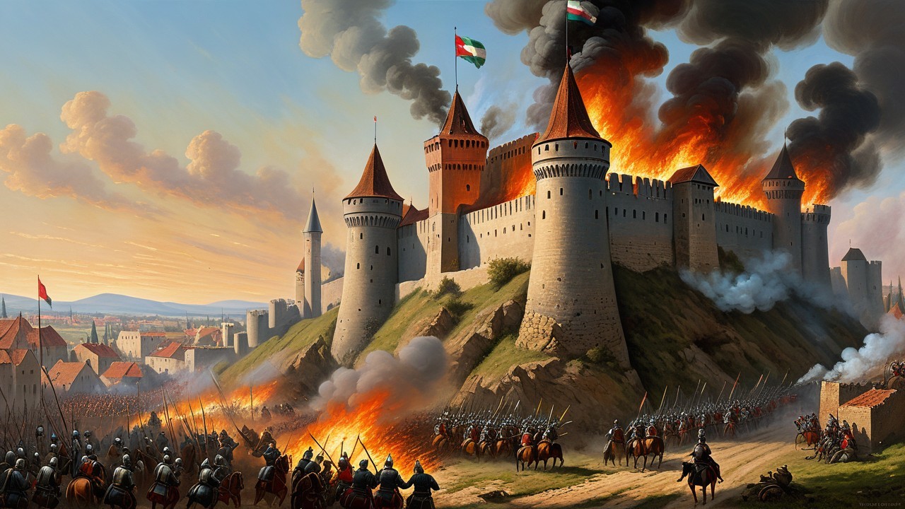 Dramatic Medieval Fortress Under Siege in Flames