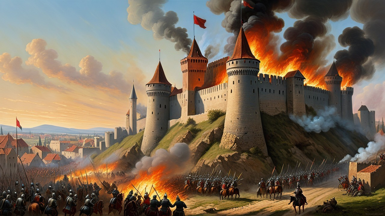Dramatic Medieval Fortress Under Siege in Flames