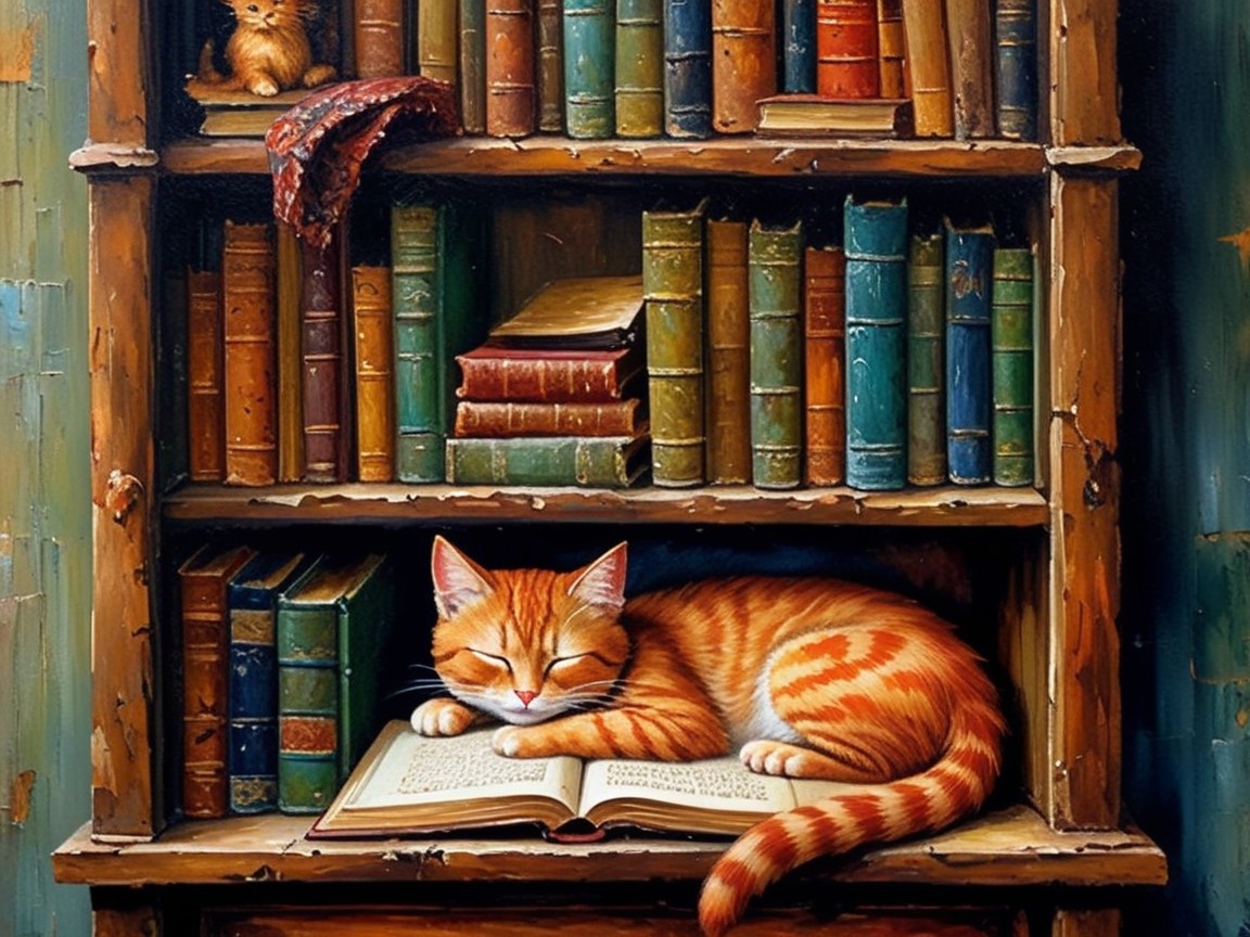 Cozy Wooden Bookshelf with Cats and Vintage Books