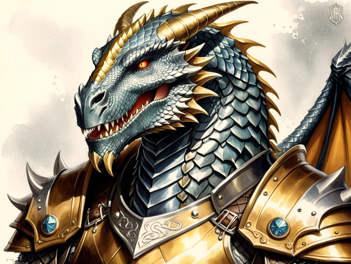 Majestic dragon with blue and silver scales and armor