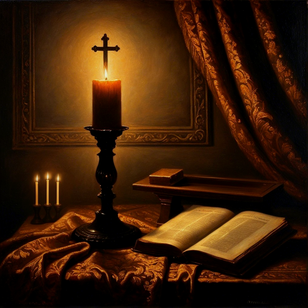 Serene Still Life with Candle, Book, and Cross