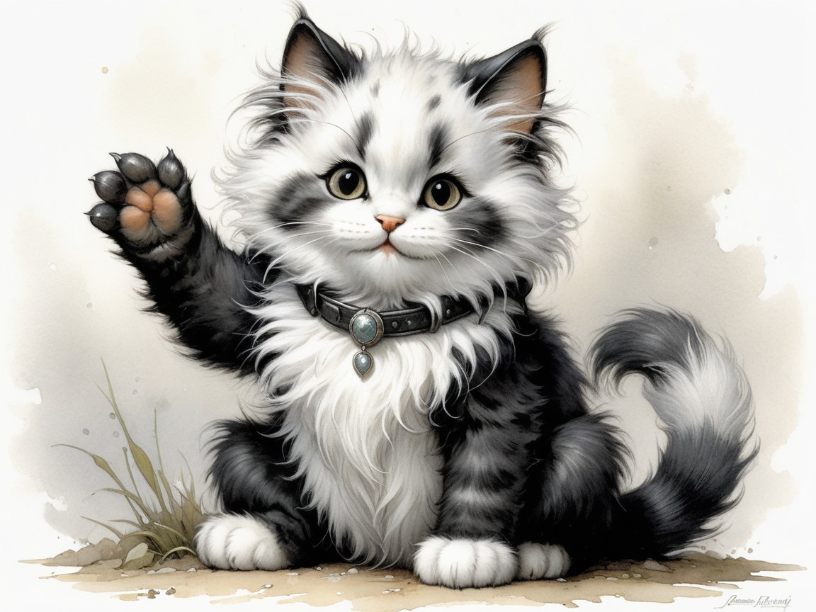 Fluffy Black and White Kitten with Playful Expression