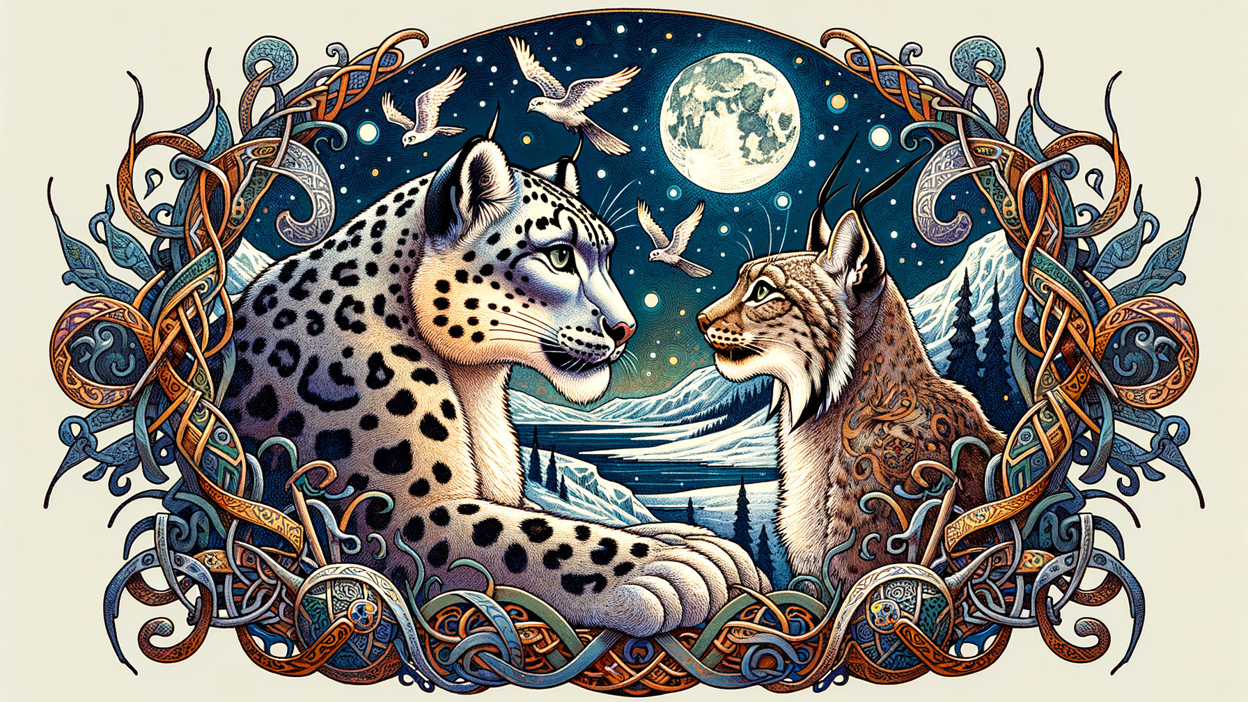 Snow Leopard and Lynx in Enchanting Landscape Scene