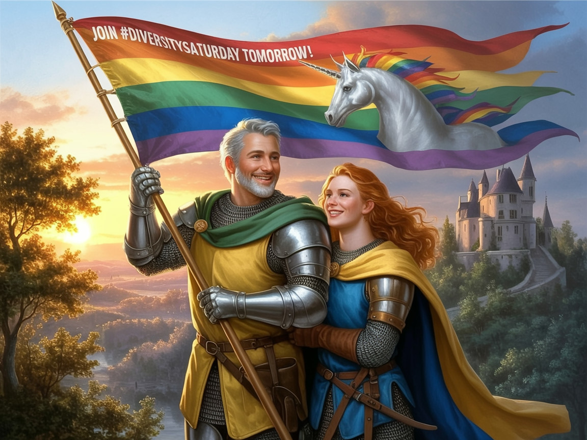 Knight and Woman with Rainbow Flag in Sunlit Landscape