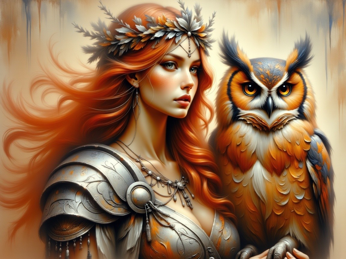 Portrait of a red-haired woman with owl and armor