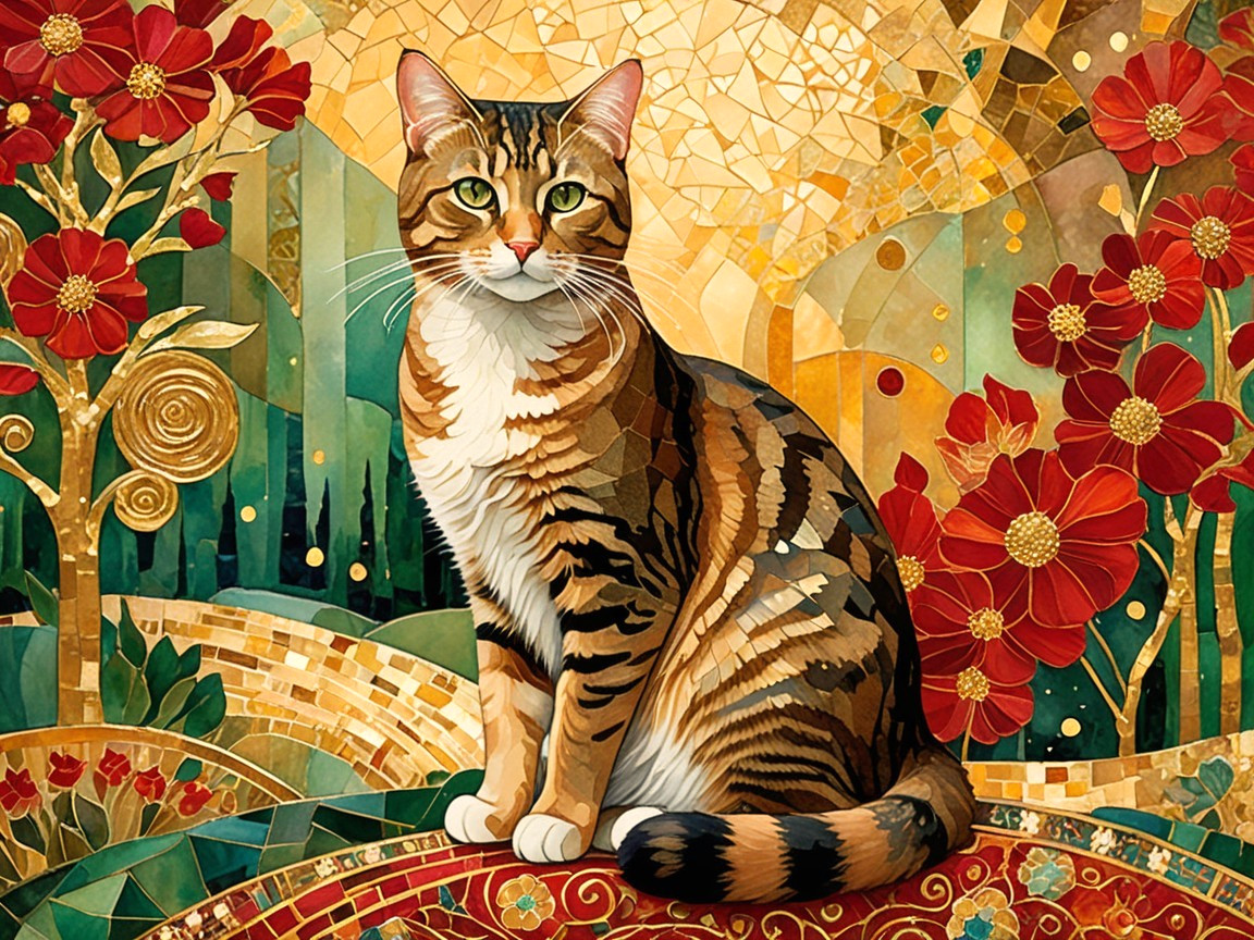 Cat Against Vibrant Mosaic-Style Floral Background