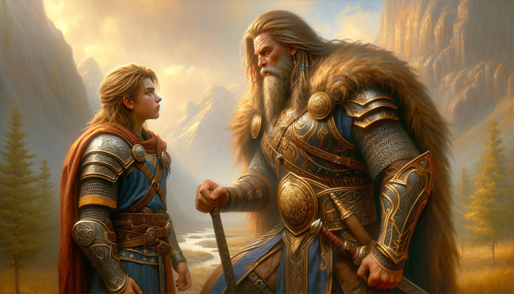 Elder warrior passing sword to young warrior in misty forest