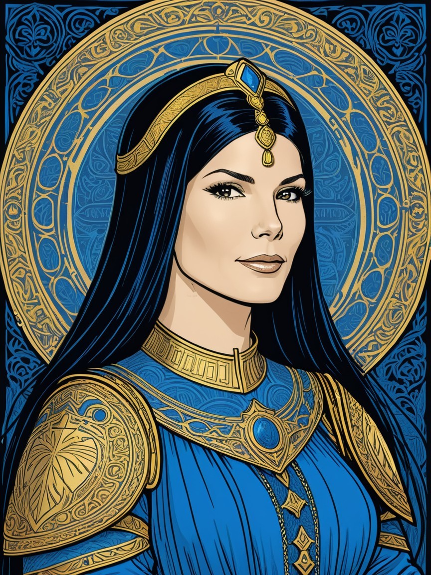Regal figure in blue gown with golden armor and halo