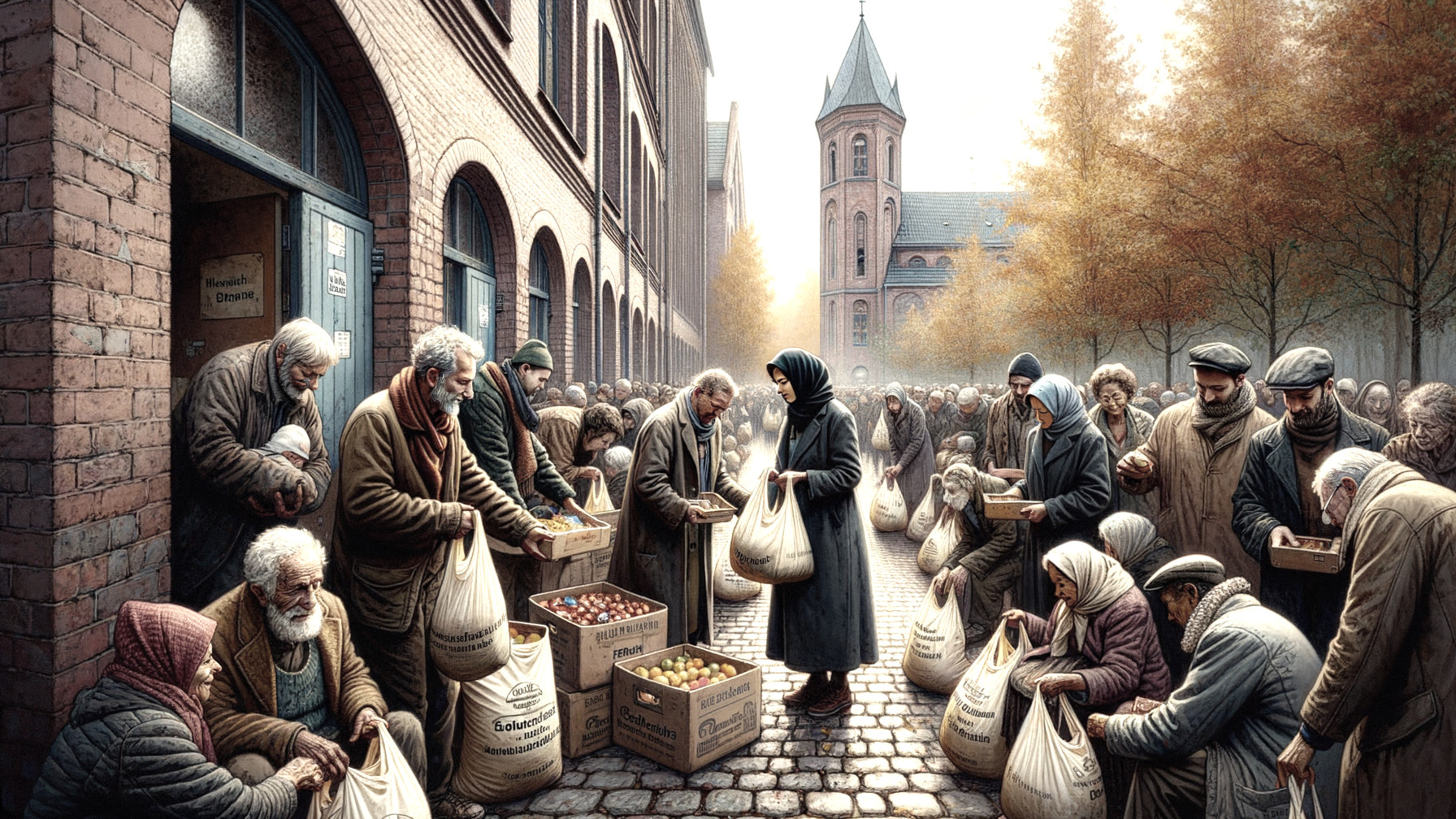 Crowded Market Square with Food Distribution Scene