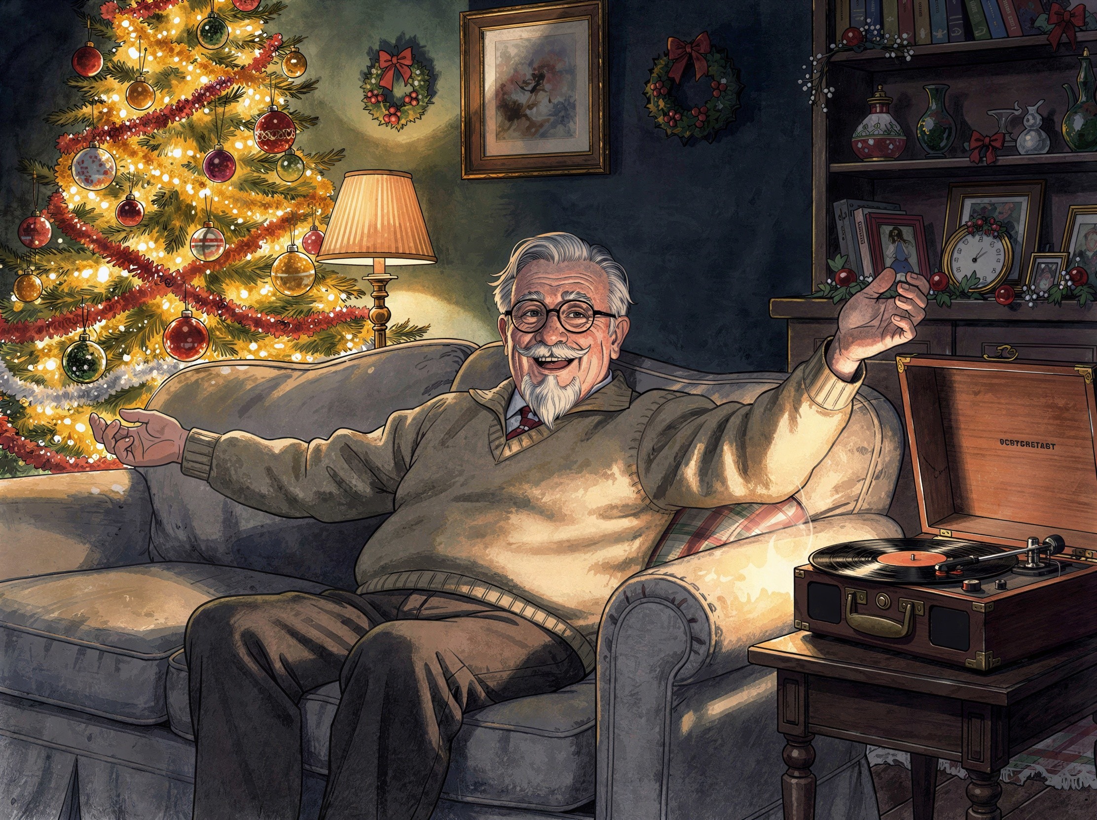 Elderly Man in Christmas Setting with Tree and Record Player