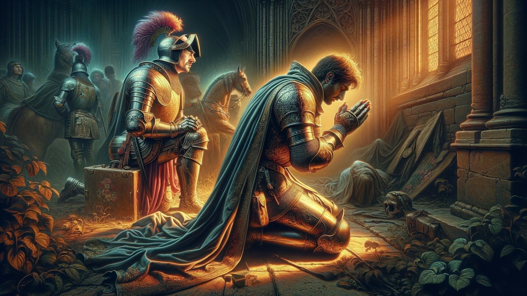 Medieval Knight in Prayer in Dimly Lit Chamber