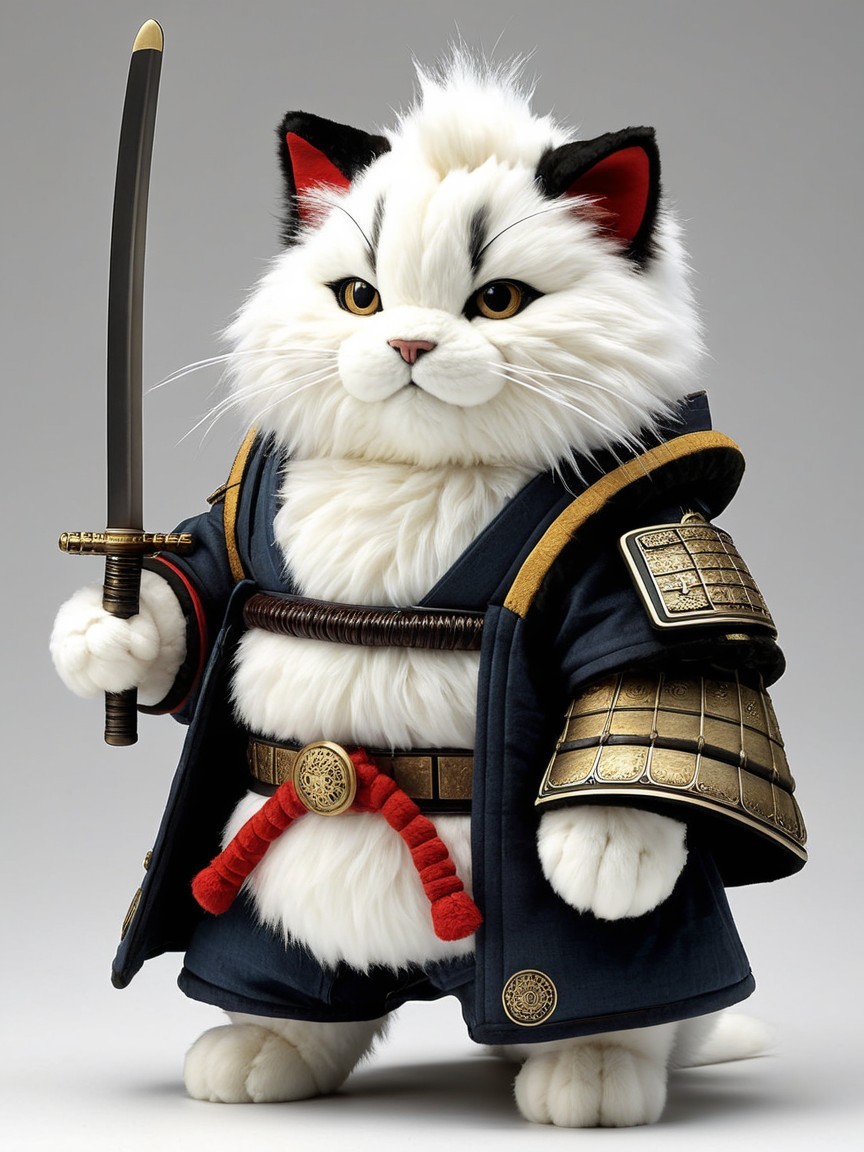 Fluffy White Cat in Samurai Outfit with Katana