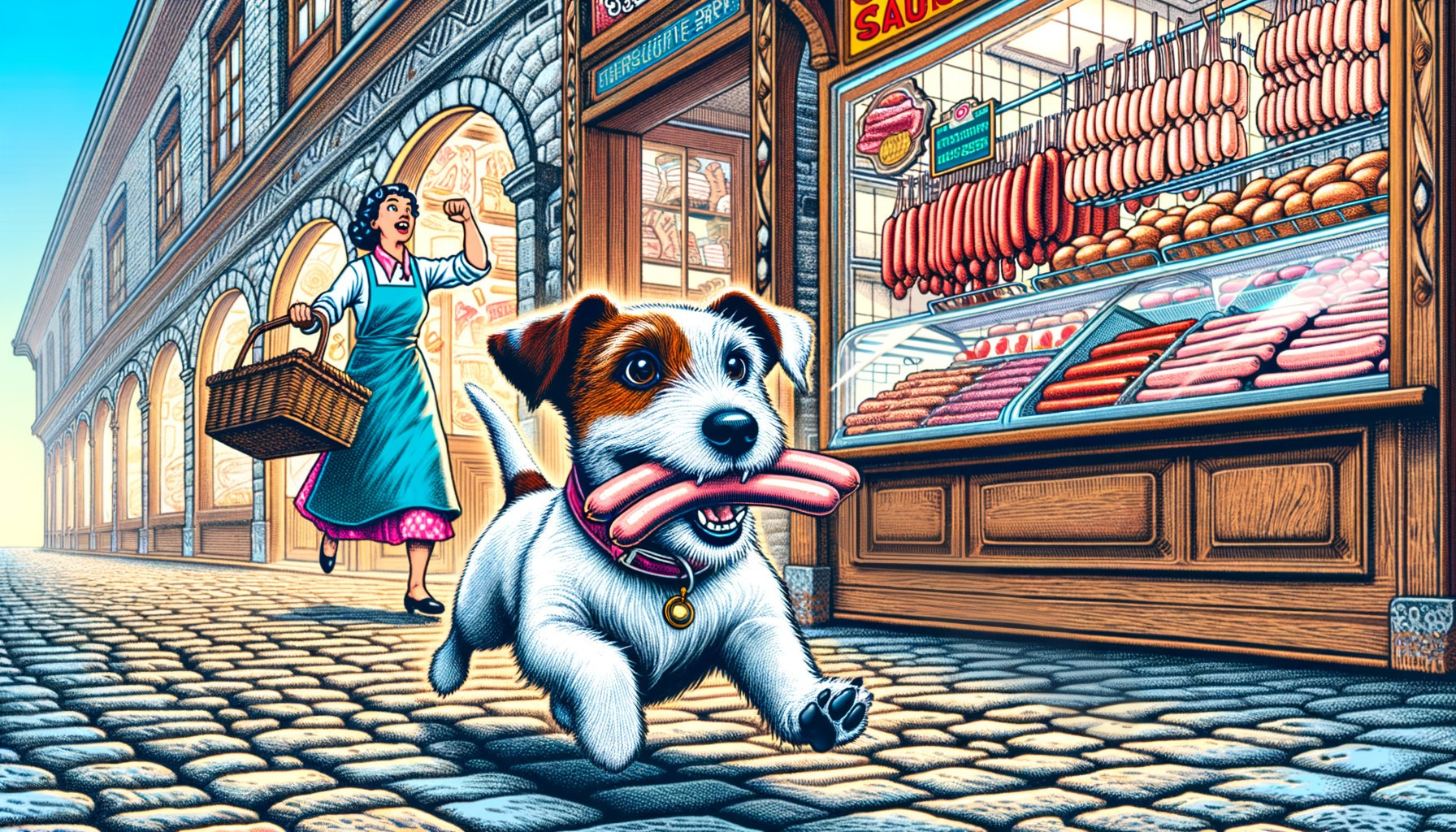 Cartoon of Dog with Sausages on Cobblestone Street