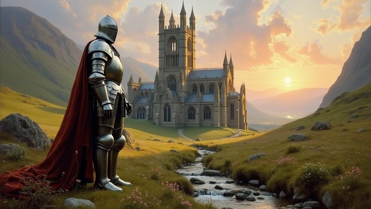 Knight on Hill Overlooking Medieval Cathedral at Sunset