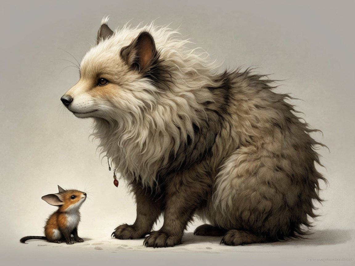 Fluffy Dog and Mouse Friendship in Soft Background