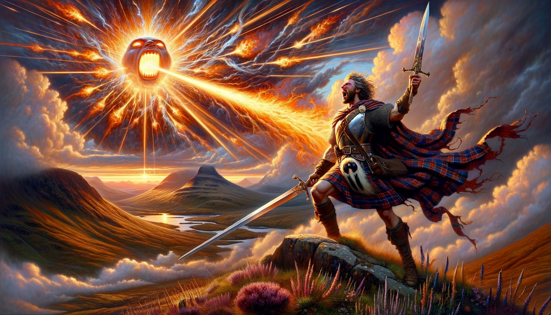Warrior on Outcrop with Fiery Orb at Sunset