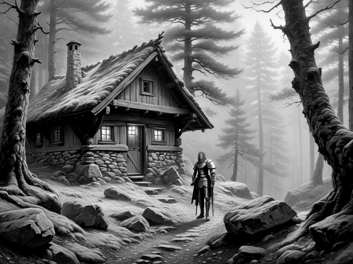 Medieval Armor Figure by Rustic Cabin in Misty Forest