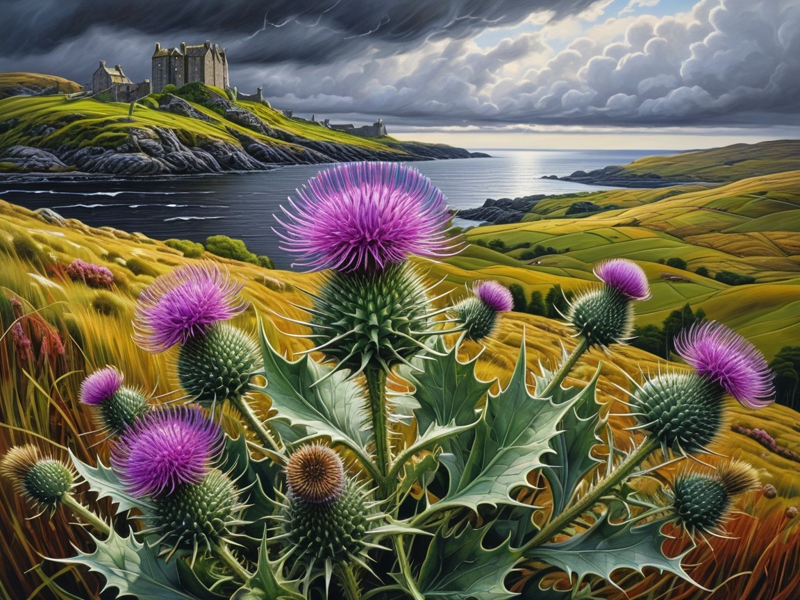 Vibrant Thistle and Castle on Dramatic Coastline