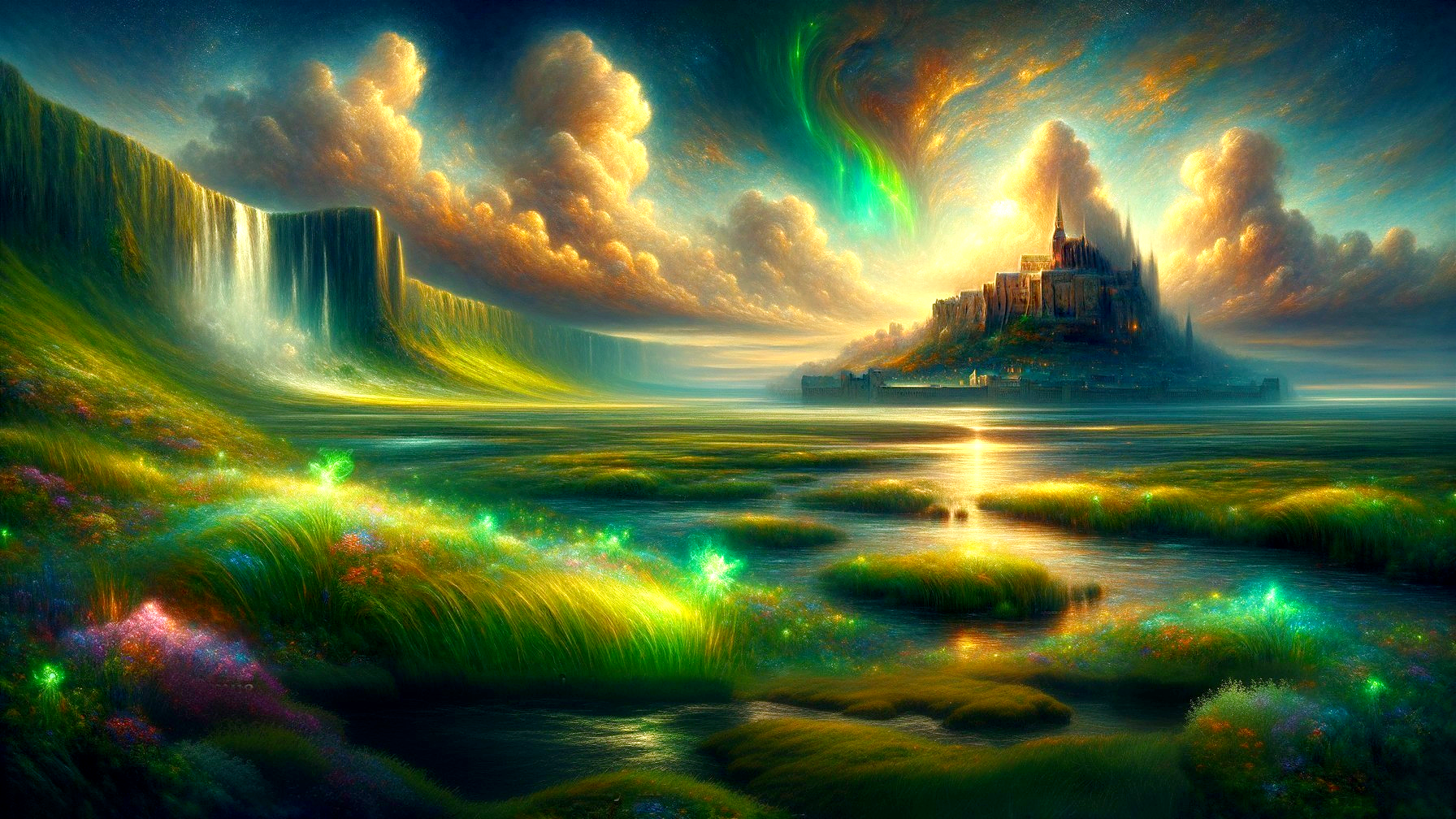 Surreal Landscape with Waterfalls and Grand Castle