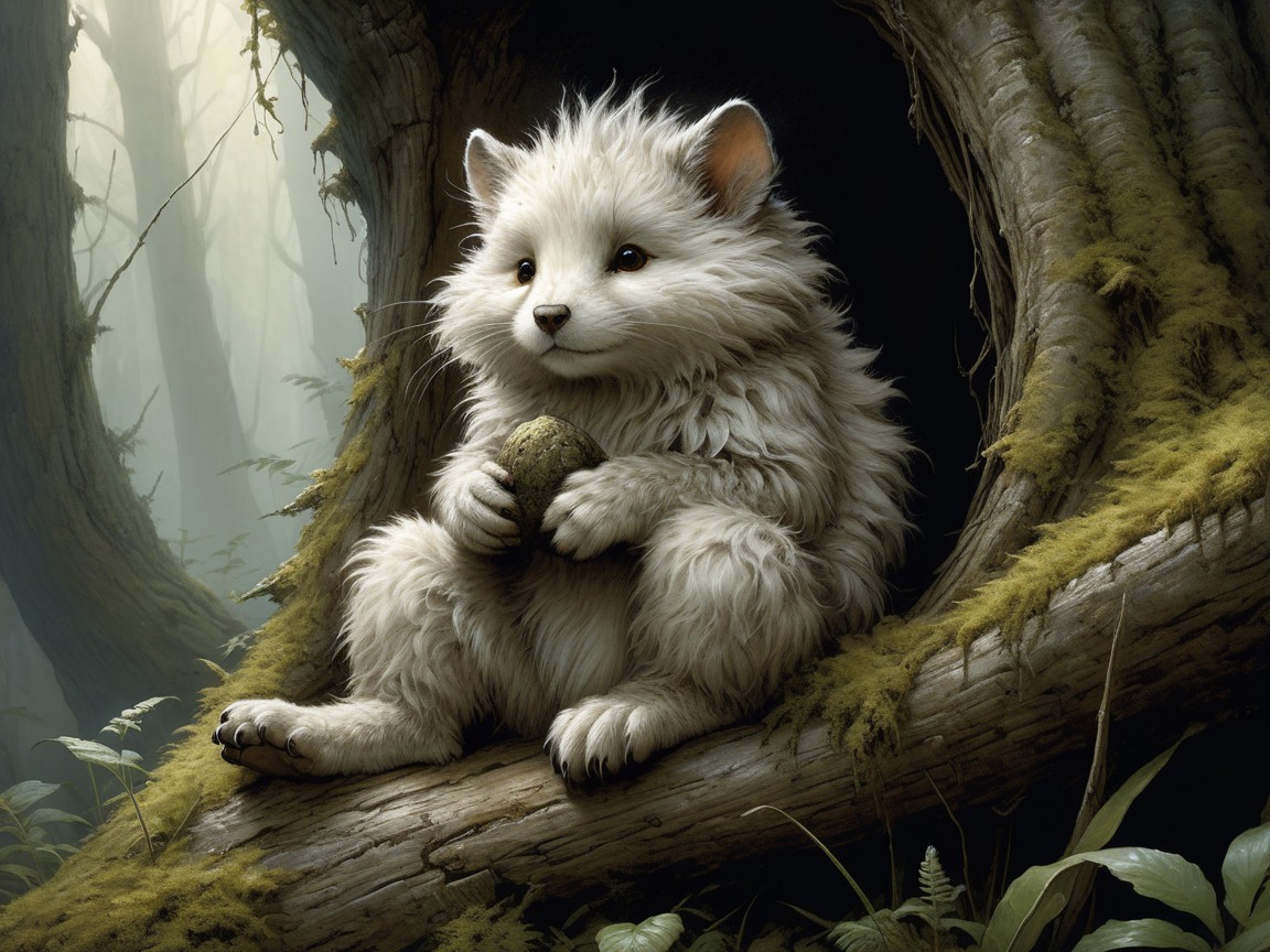 Fluffy White Creature in Tree Hollow of Mystical Forest
