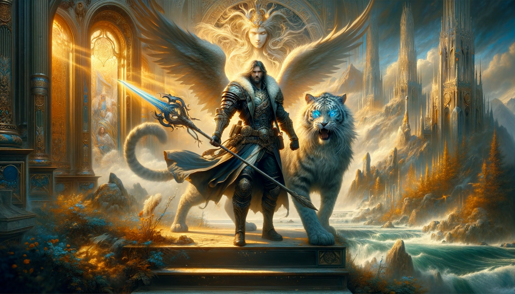 Warrior with Spear and White Tiger in Mystical Landscape