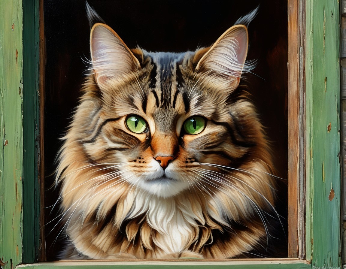 Realistic Portrait of a Cat with Green Eyes and Fluffy Coat