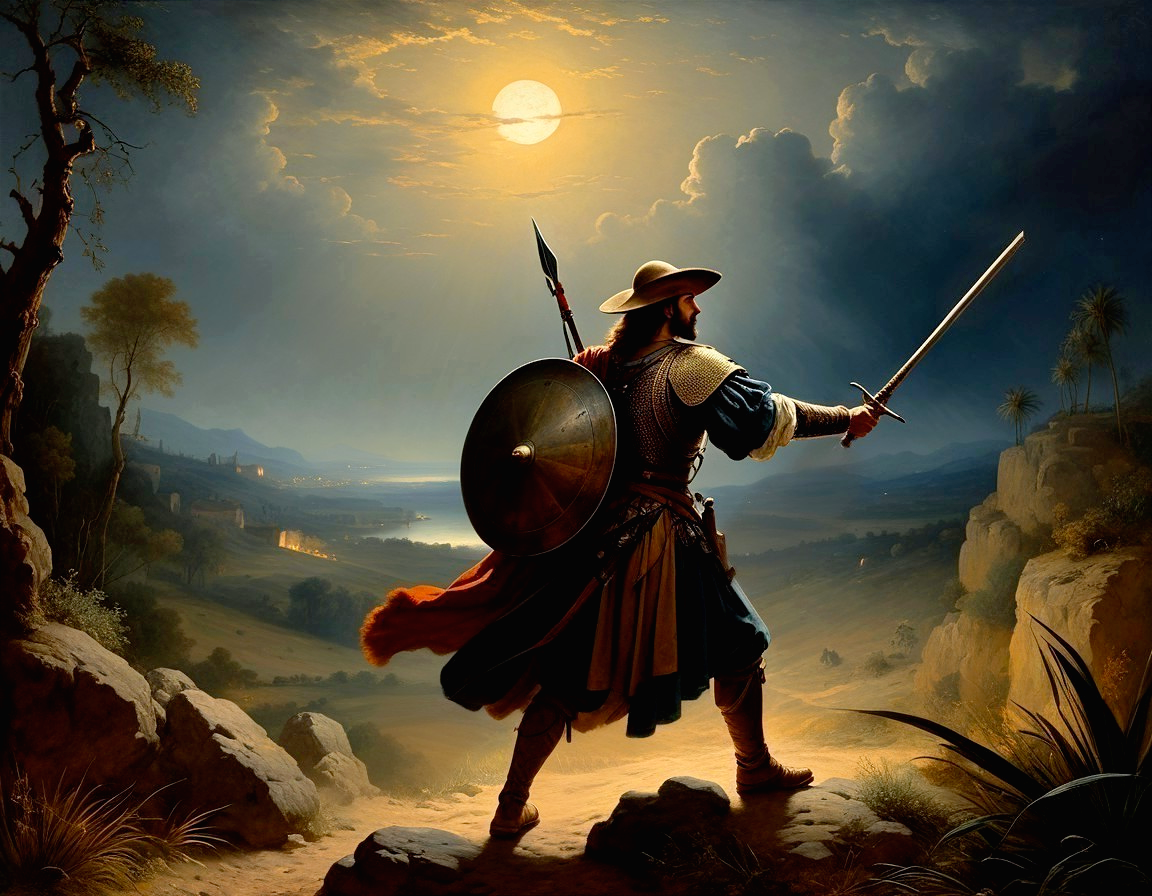 Solitary warrior on rocky outcrop under full moon