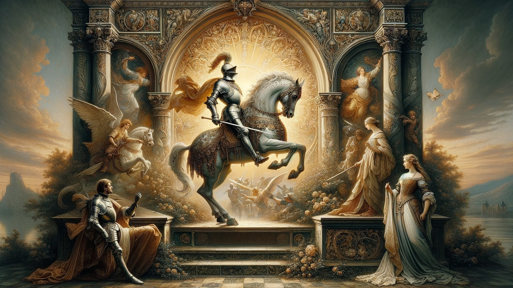 Knight on Rearing Horse Surrounded by Ethereal Figures