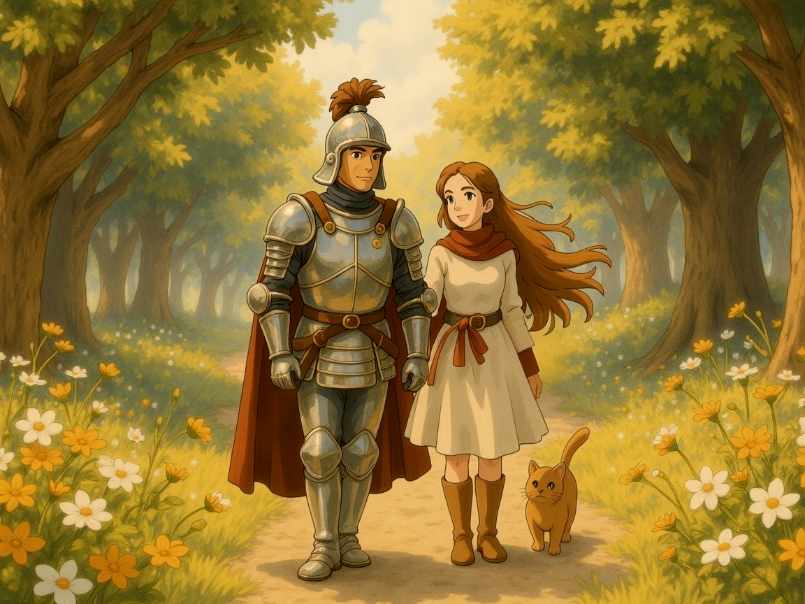 Knight and Woman Strolling in Sunlit Forest