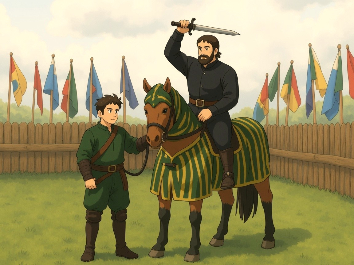 Knight with Sword and Boy in Grassy Arena Scene