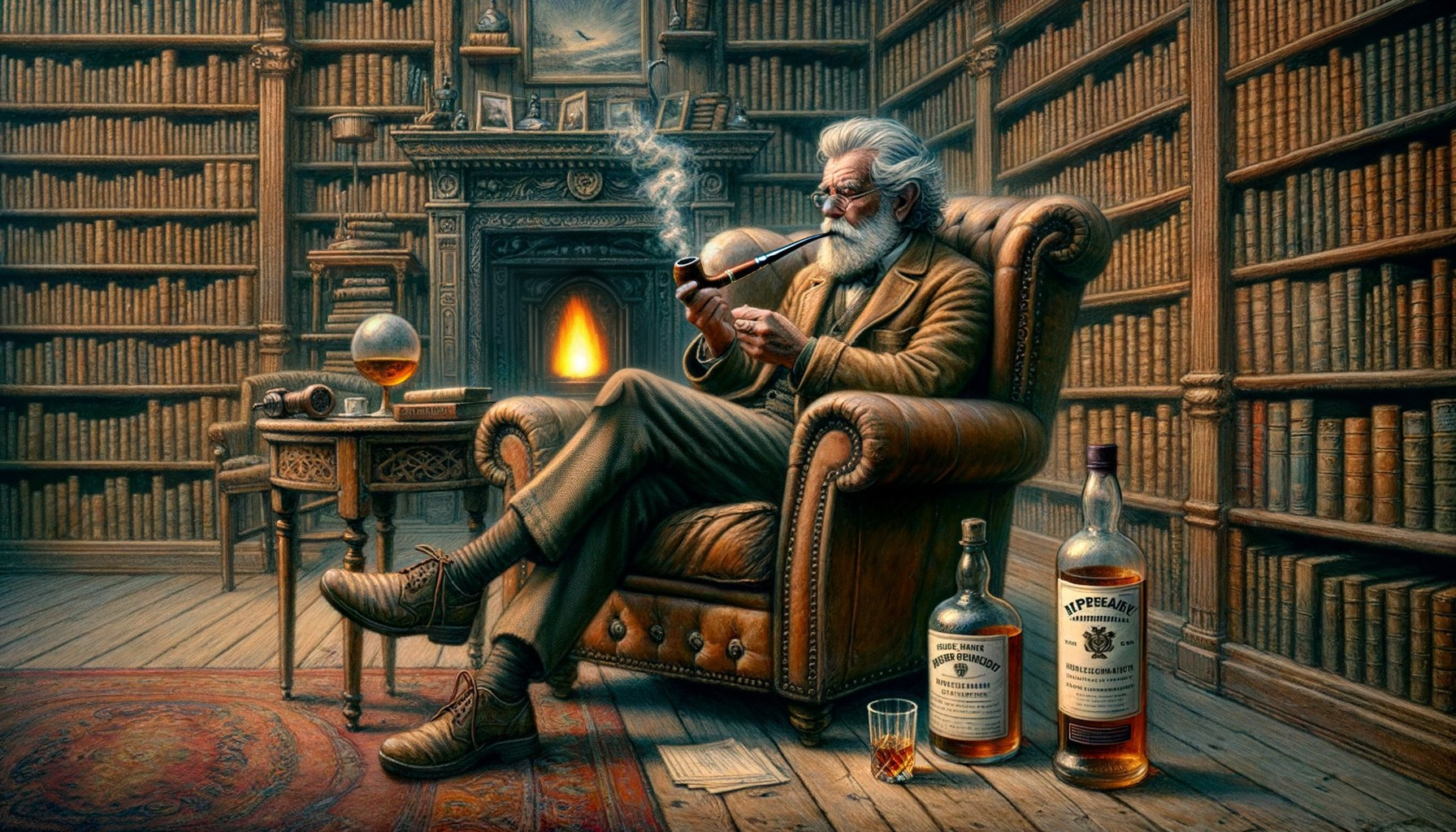 Elderly man in leather armchair with pipe in cozy library