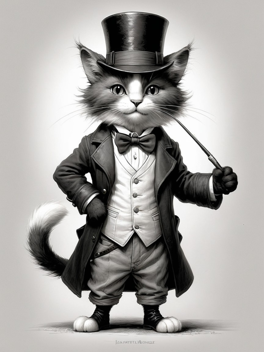 Anthropomorphic cat in tuxedo with cane and top hat