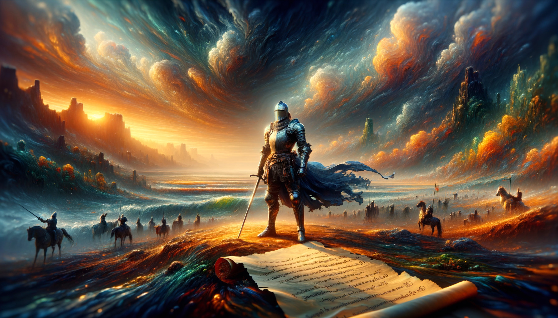 Knight in Otherworldly Landscape with Scroll and Castles