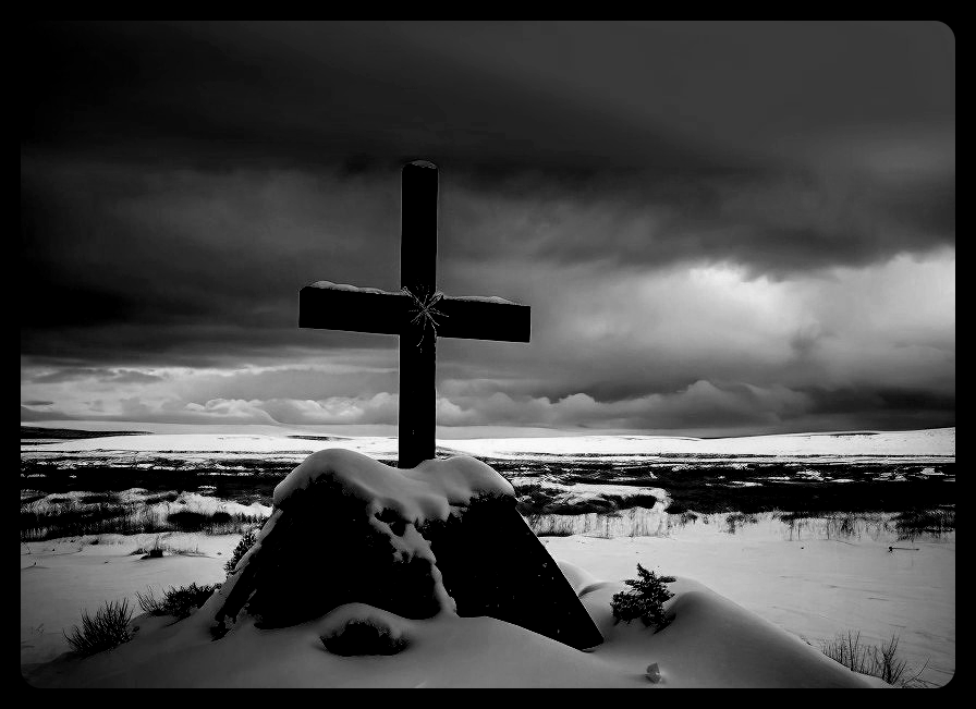 Black and White Landscape with Cross on Snow Mound