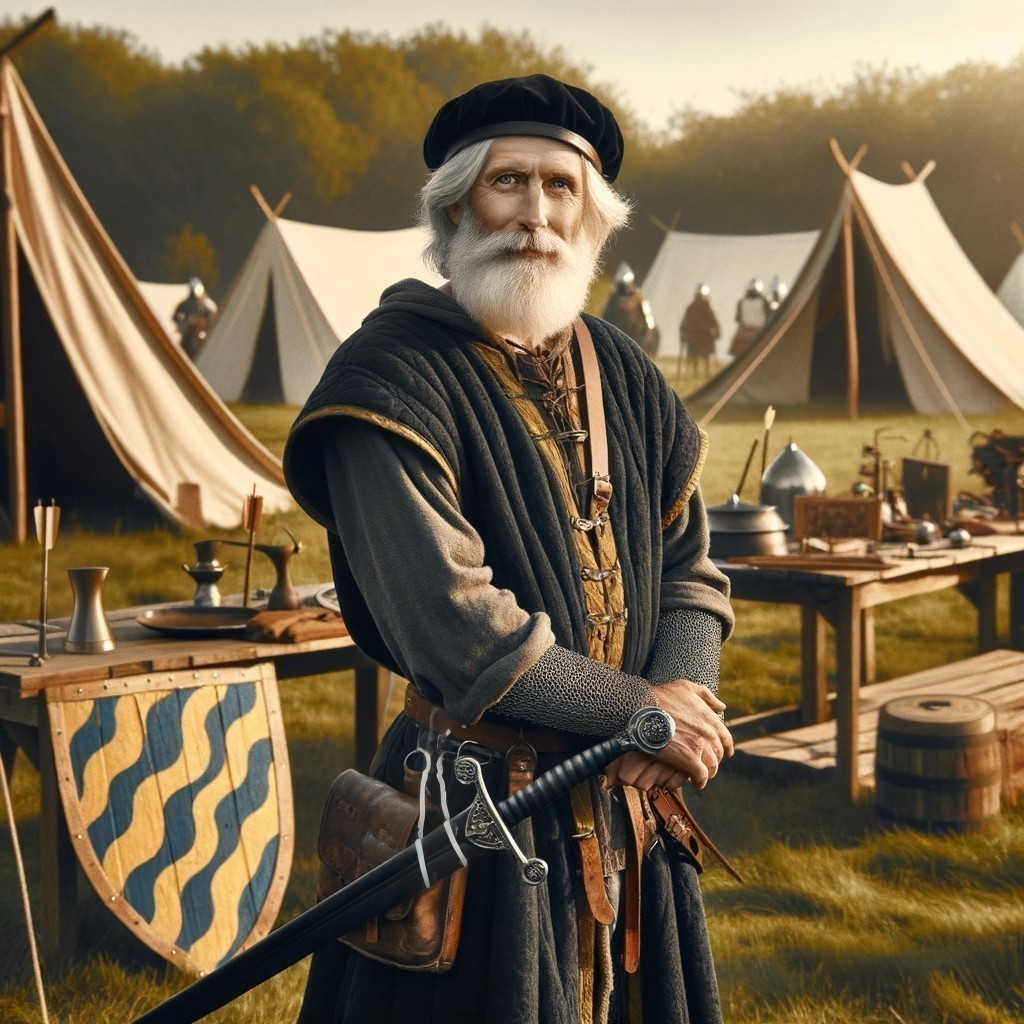 Elder with Sword in Medieval Campsite Setting