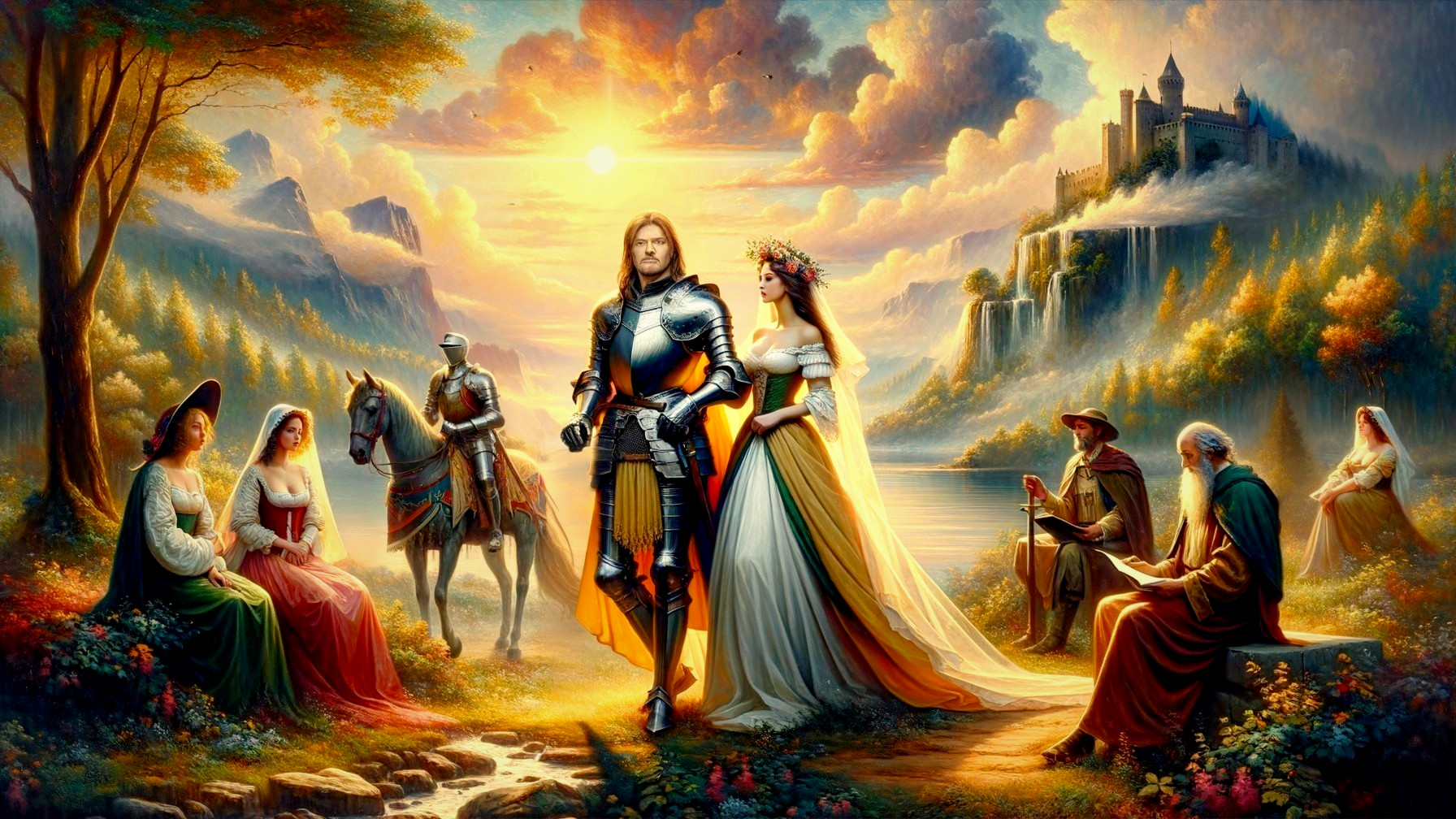 Medieval Scene with Knight, Lady, and Vibrant Landscape