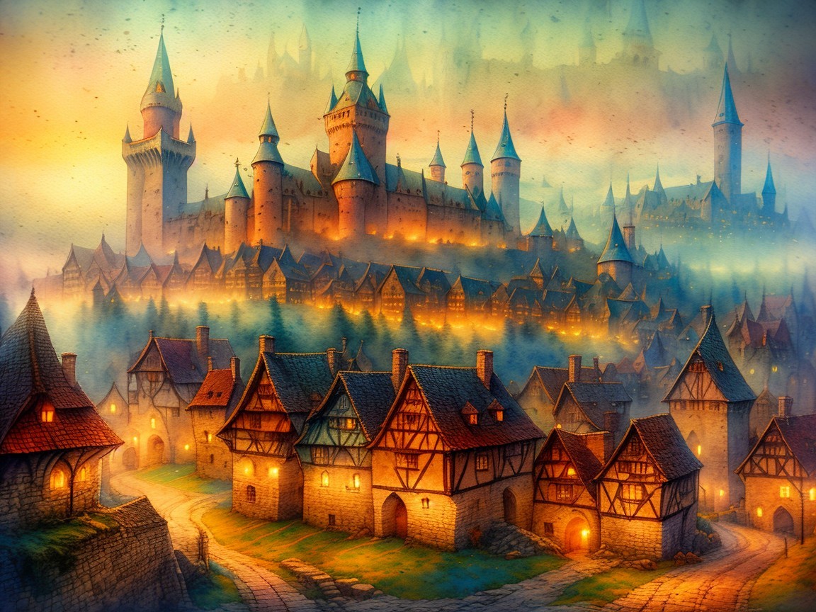 Medieval Village with Castle in Misty Valley