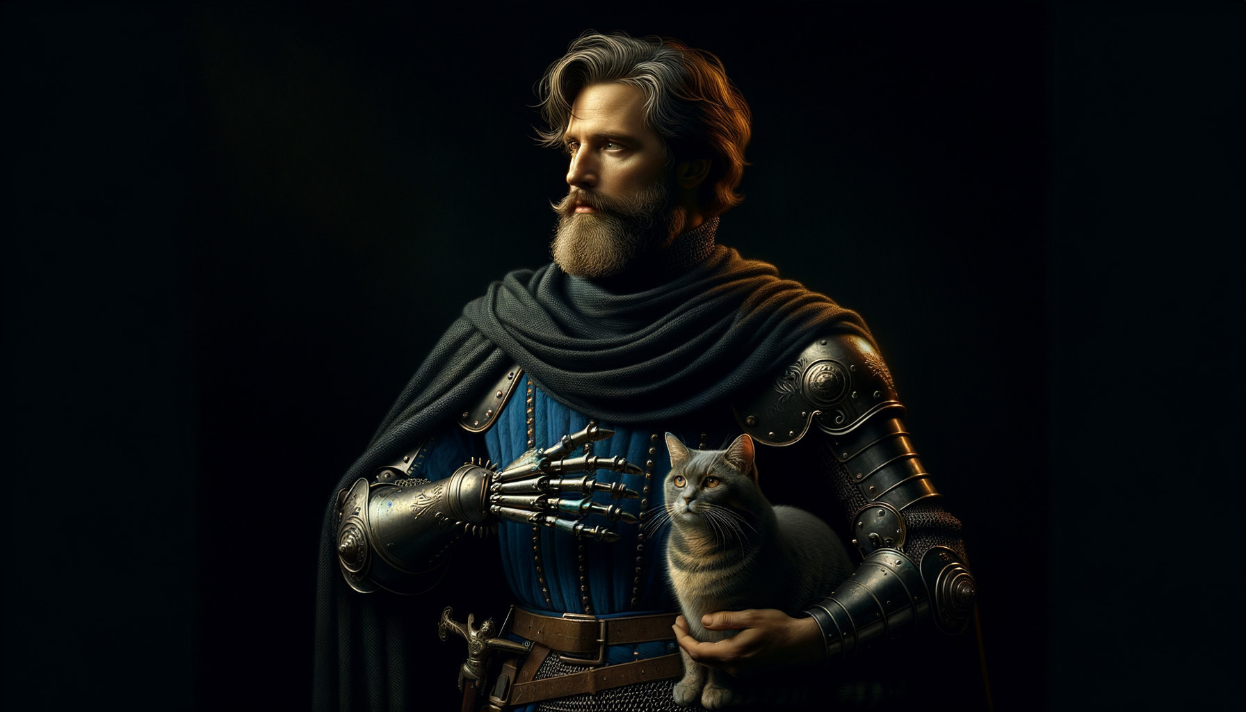 Knight in Armor Holding a Gray Cat in Dramatic Light